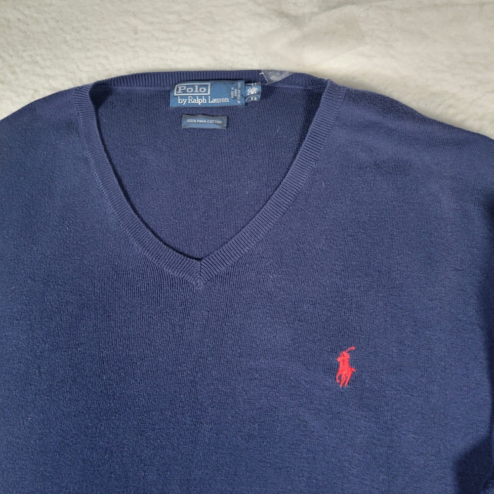 Polo Ralph Lauren Sweater Mens 2XL Navy Blue VNeck 100% Pima Cotton Italian Yarn